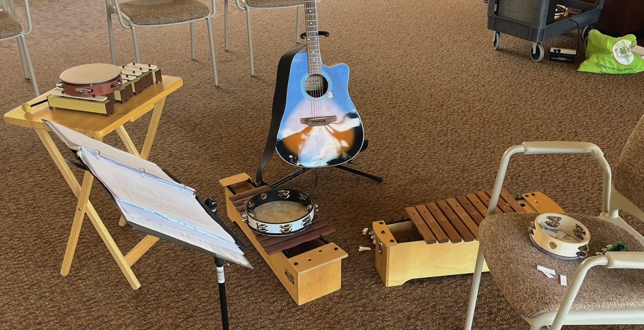 Instruments and materials set up for a music therapy session